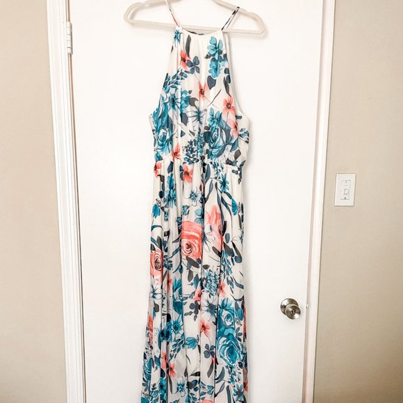 Blue and Ivory Floral Print Maxi Dress - Large - Picture 2 of 4